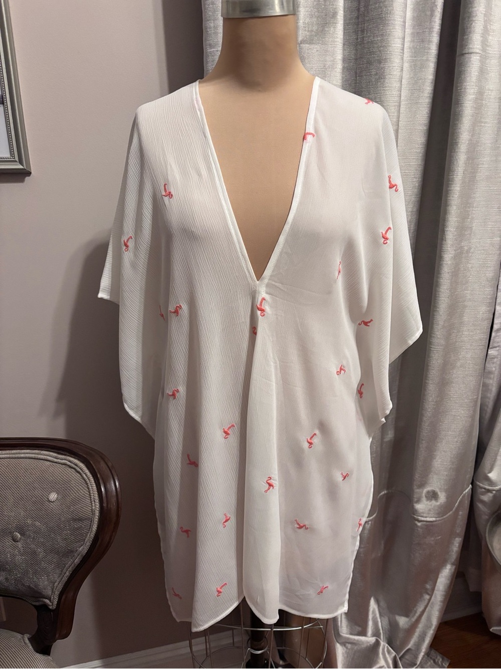 Xhilaration White Swim Cover-Up with Pink Flamingo Accents